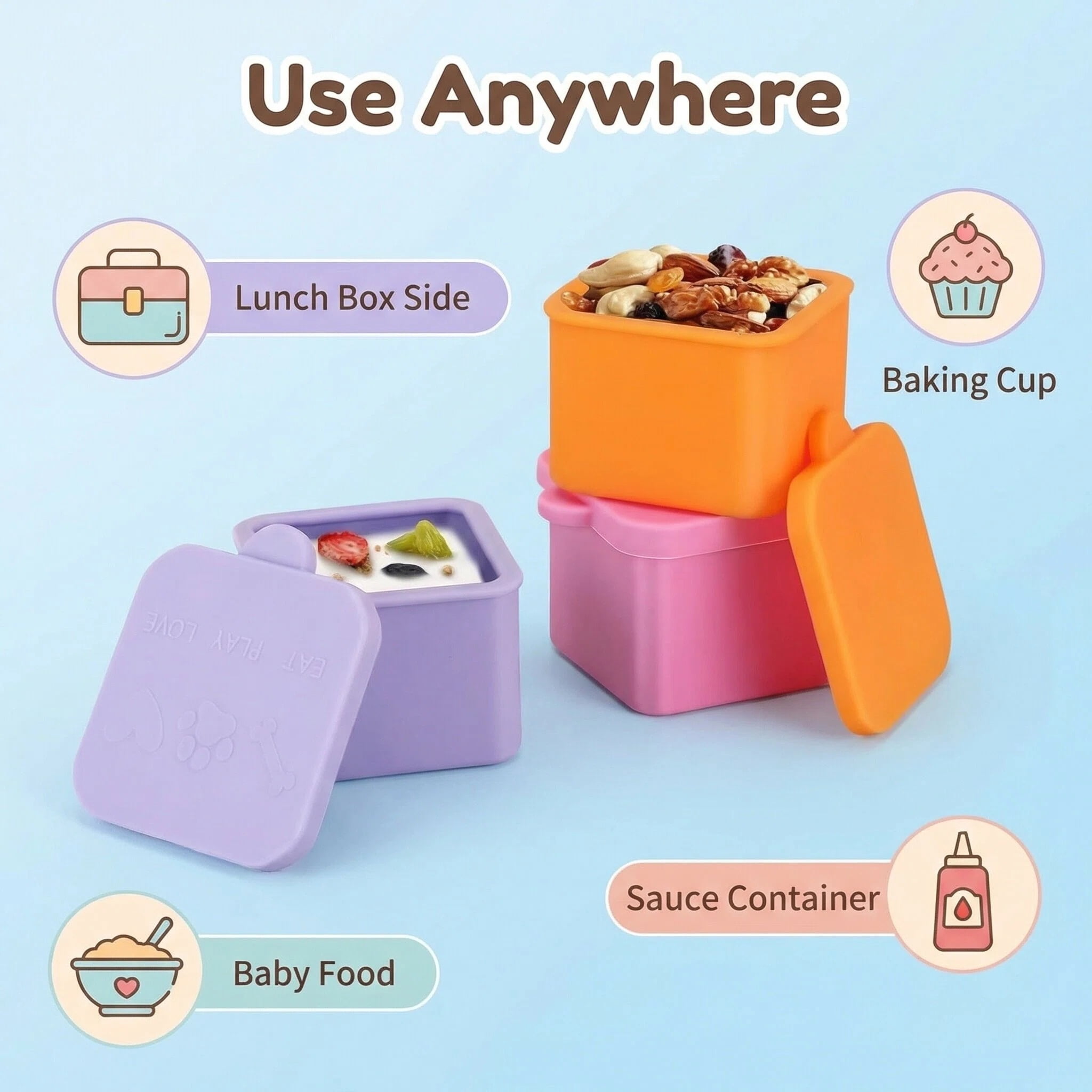 3 Pack Silicone Small Snack Container, Stackable Puree Sauce Condiment Food Storage Lunch Bento Box with Lids, Leak-proof, BPA Free, Dishwasher & Microwave & Oven Safe