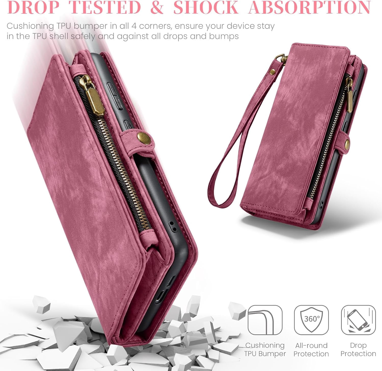 Phone Case for Samsung Galaxy S24 5G Zipper Wallet Detachable Cover with Tempered Glass Screen Protector and Leather Flip Credit Card Holder Cell Accessories S 24 24S GS24 G5 Women Men Red