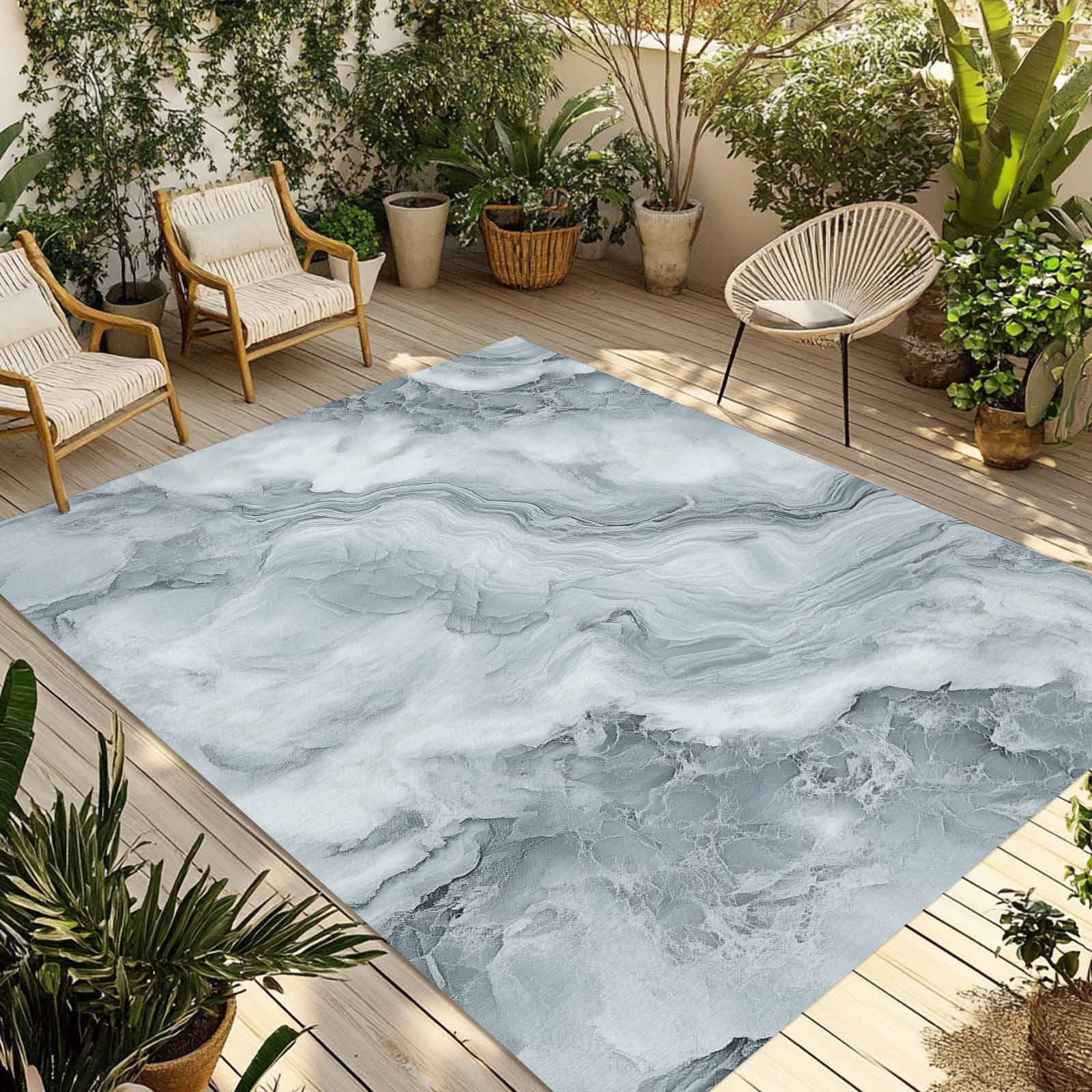 Outdoor Rug 5x8ft Abstract Gray White Marble Large Area Rug Wave Modern Art Indoor Outdoor Carpet Outdoor Rugs Mats for Patio Camping,RV,Front Door, Outside Decor