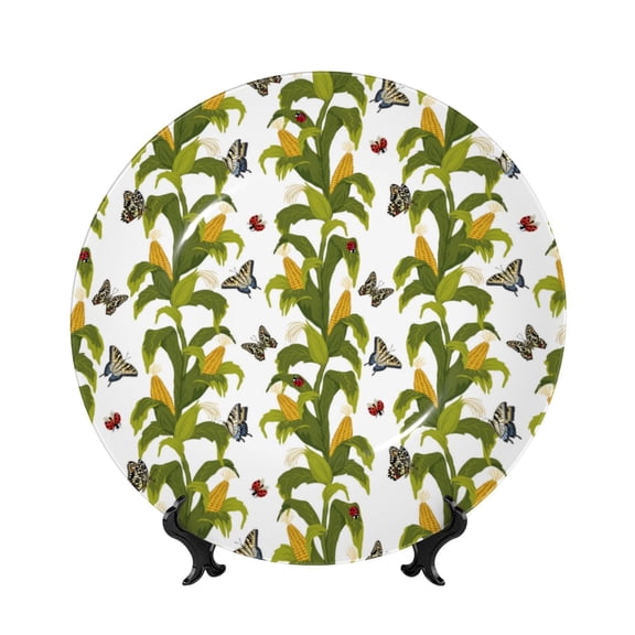 Picia Corn And Butterflies Pattern Bone China Decorative Plate – Wall Decor with Stand and Adhesive, Elegant Ornament for Living Room, Office, or Entryway-6in