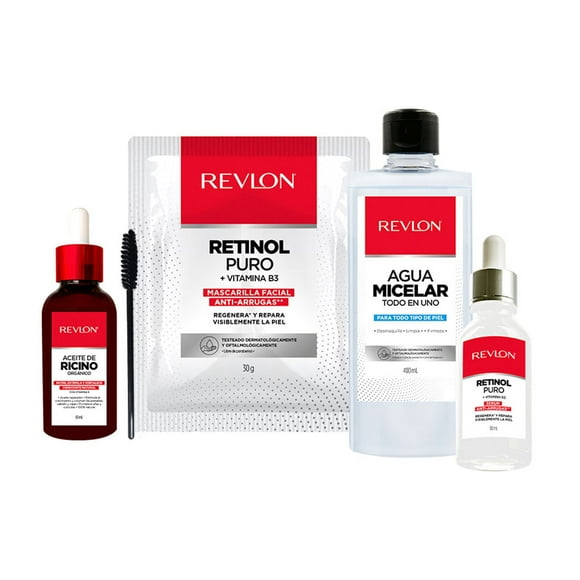 Revlon Set Aceite de Ricino Agua micelar todo en 1 Mascarilla Facial y Suero de Retinol Puro