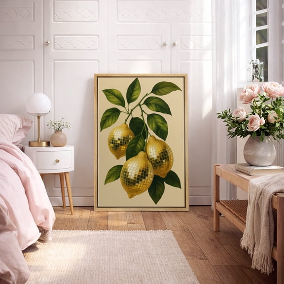 Framed Canvas Print Disco Lemon Botanical Wall Art Modern Retro Fruit Decorative for Living Room Bedroom - 16"x24" NATURAL