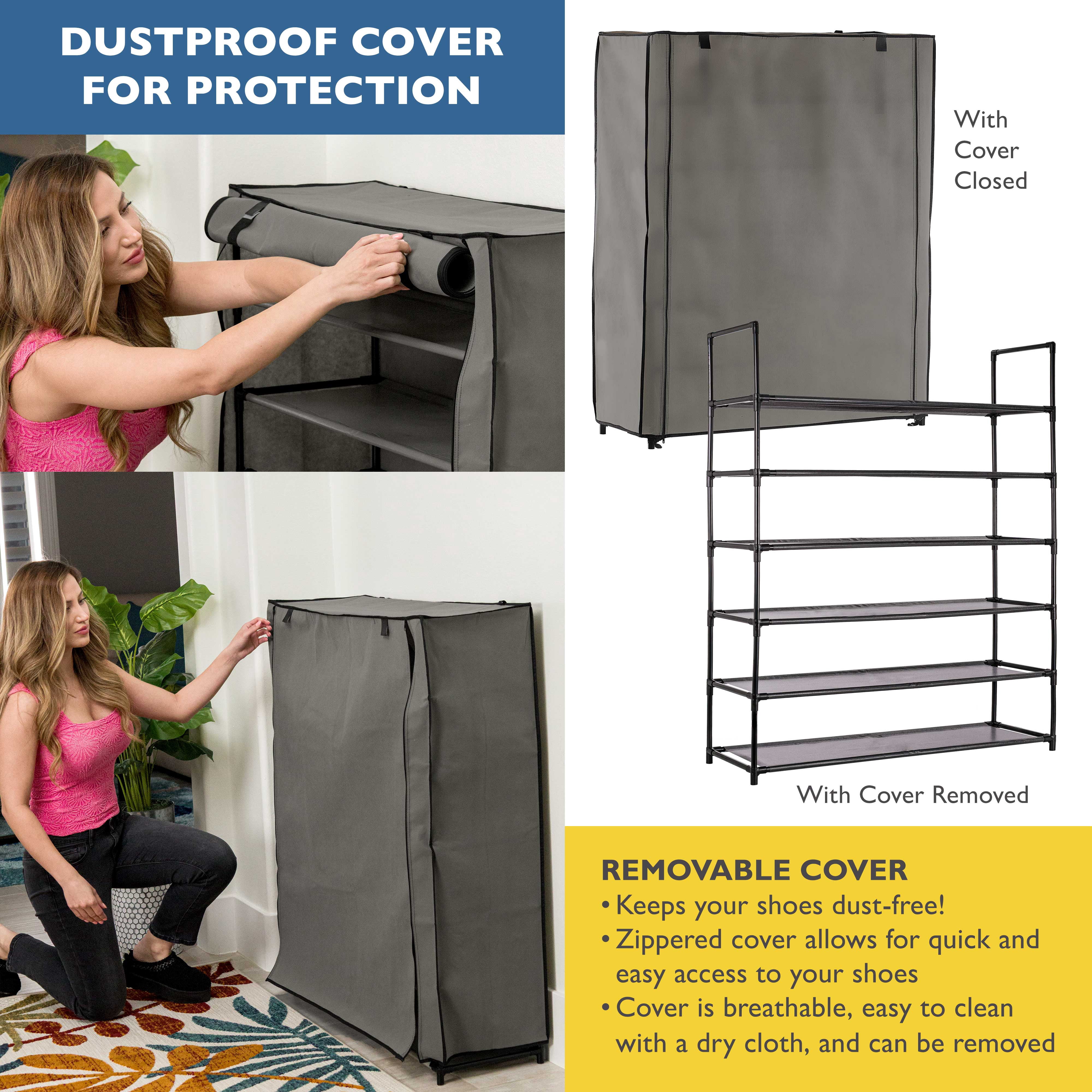 Sundaze Shoe Rack with Cover - 6 Tier Shoe Rack for Front Door Entrance, Sturdy Tall Shoe Organizer for Bedroom, Closet, Garage, Non Woven Fabric Shelf, Grey, Holds Up to 30 Pairs
