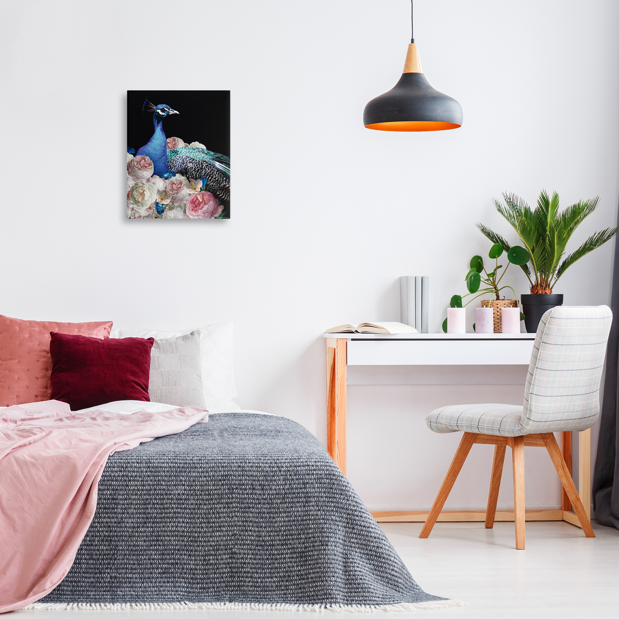 Stupell Industries Peacock & Peonies Animals Painting Wrapped Canvas Art Print Wall Art, 16 x 20