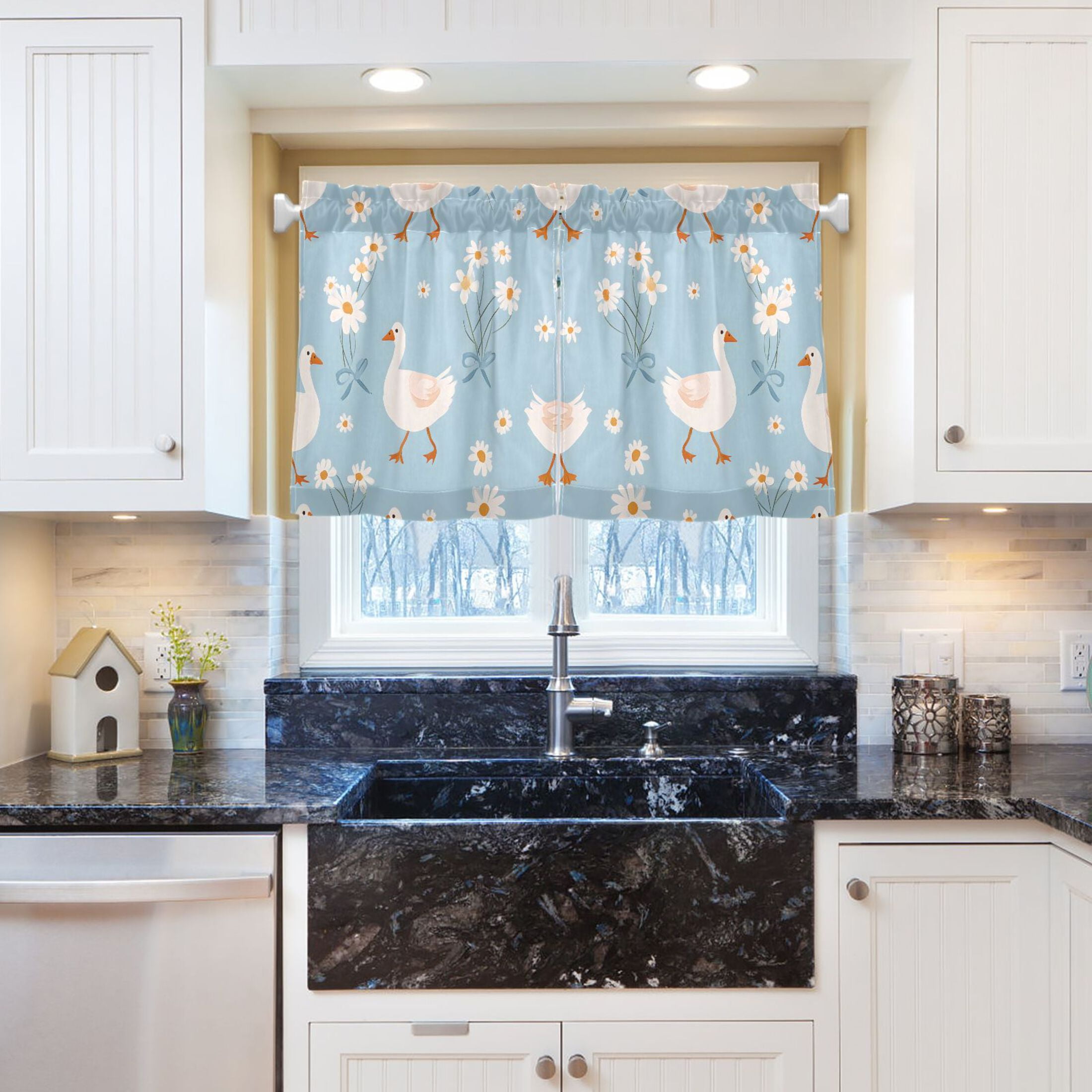 Linen Kitchen Curtains Geese Daisy Pattern Tier Curtains Tier Kitchen Living Room Bedroom Balcony 2 Panels 27x36 Inch