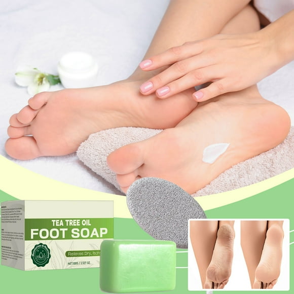 Jienlioq Tea Tree Oil Foot Soap 100G with Pumice Stone & Foam Net - Exfoliating Dead Skin Remover, Moisturizing Care for Soft Feet, All Skin Types