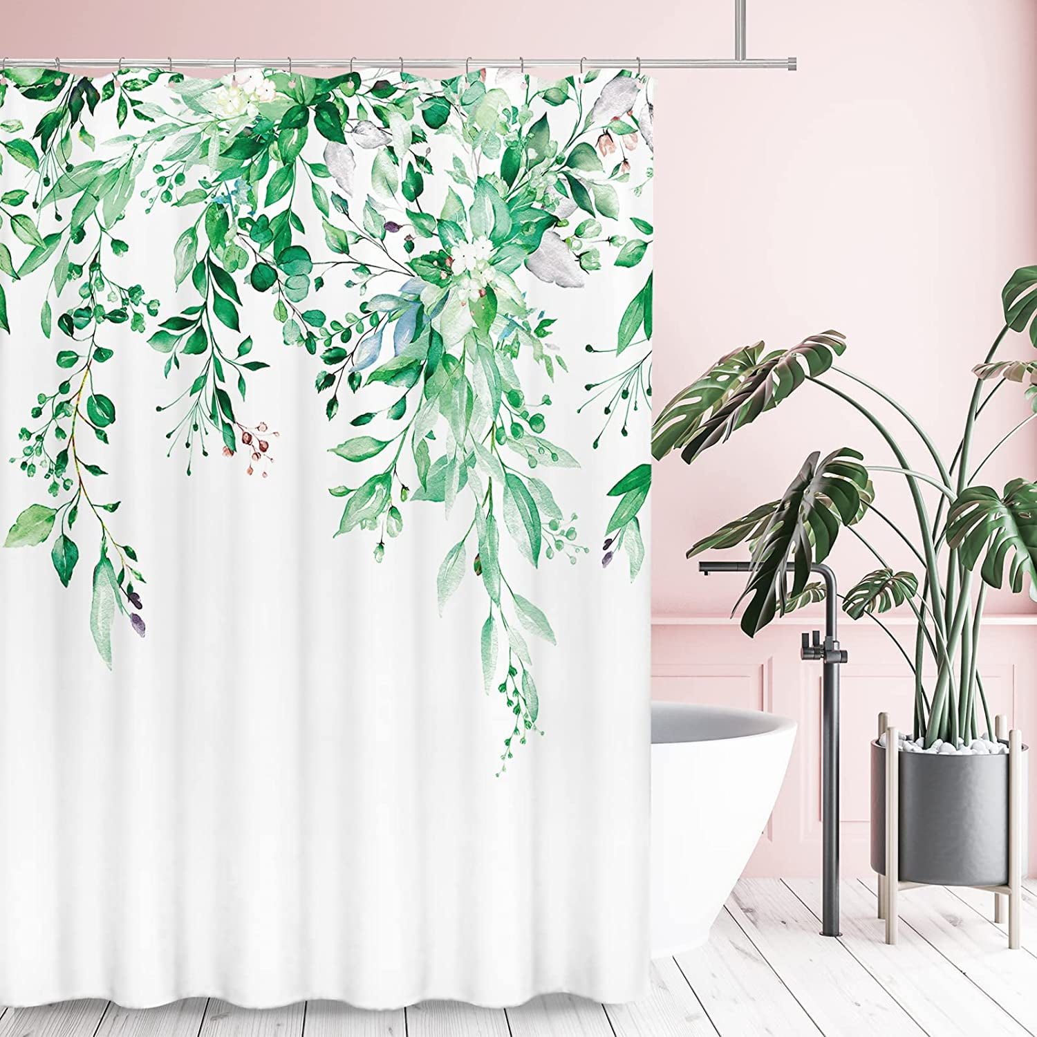 Emerald Green Eucalyptus Shower Curtain Sets, Watercolor Leaves on The Top Plant with Floral Bathroom Decoration 72x84 Inch with Hooks