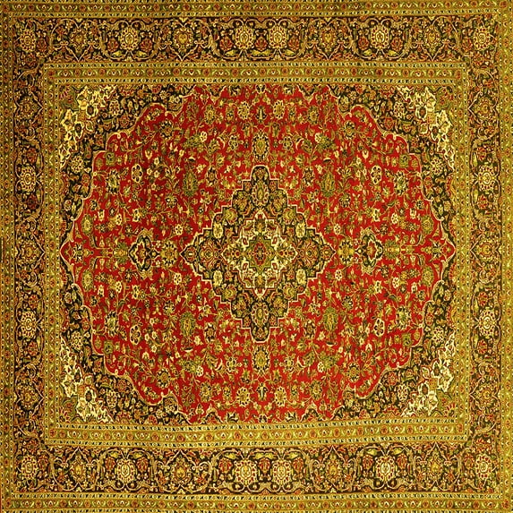 Ahgly Company Machine Washable Indoor Square Medallion Yellow Traditional Area Rugs, 3' Square