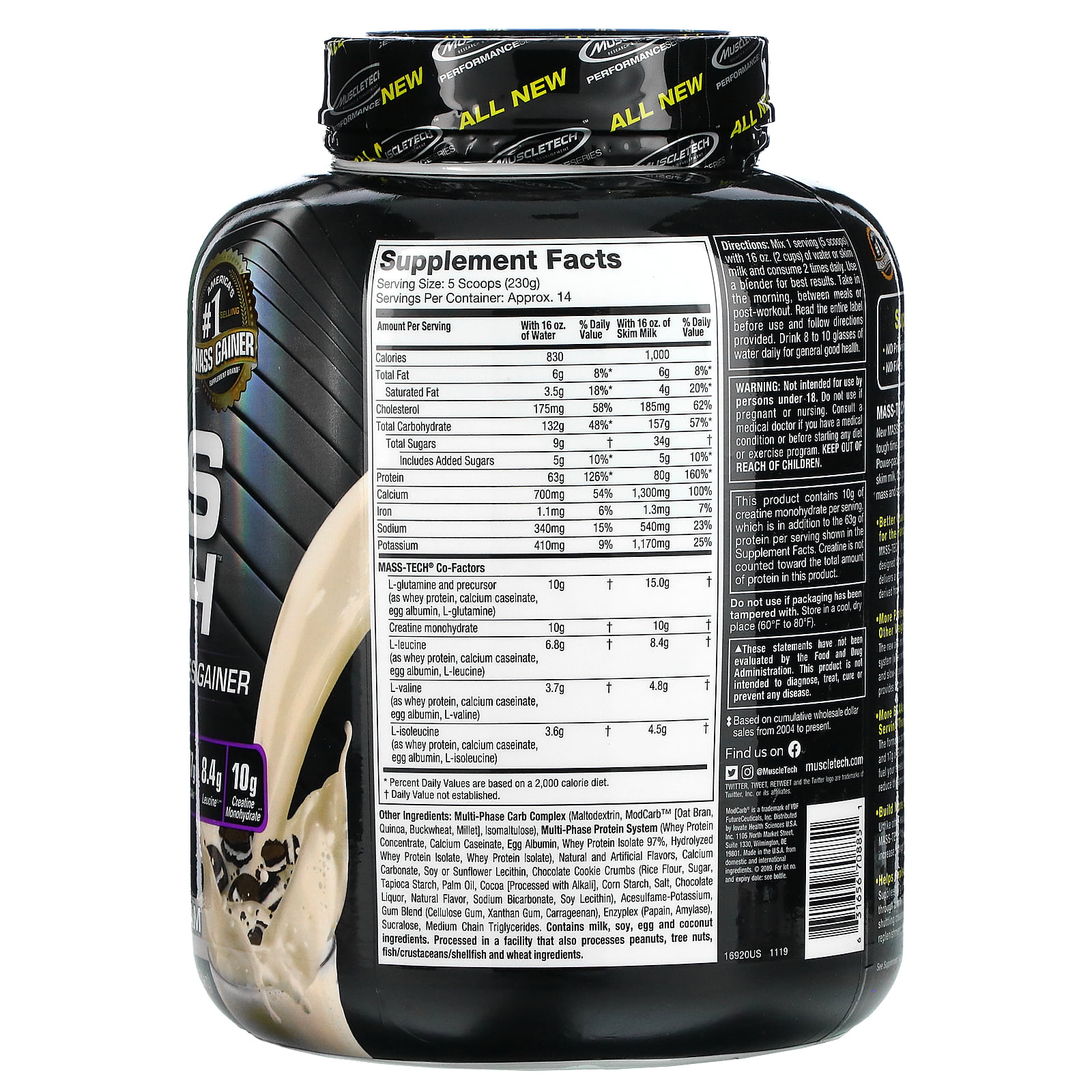 MuscleTech Mass Tech, Scientifically Superior Weight Gain Formula, Cookies and Cream, 7 lbs (3.18kg)