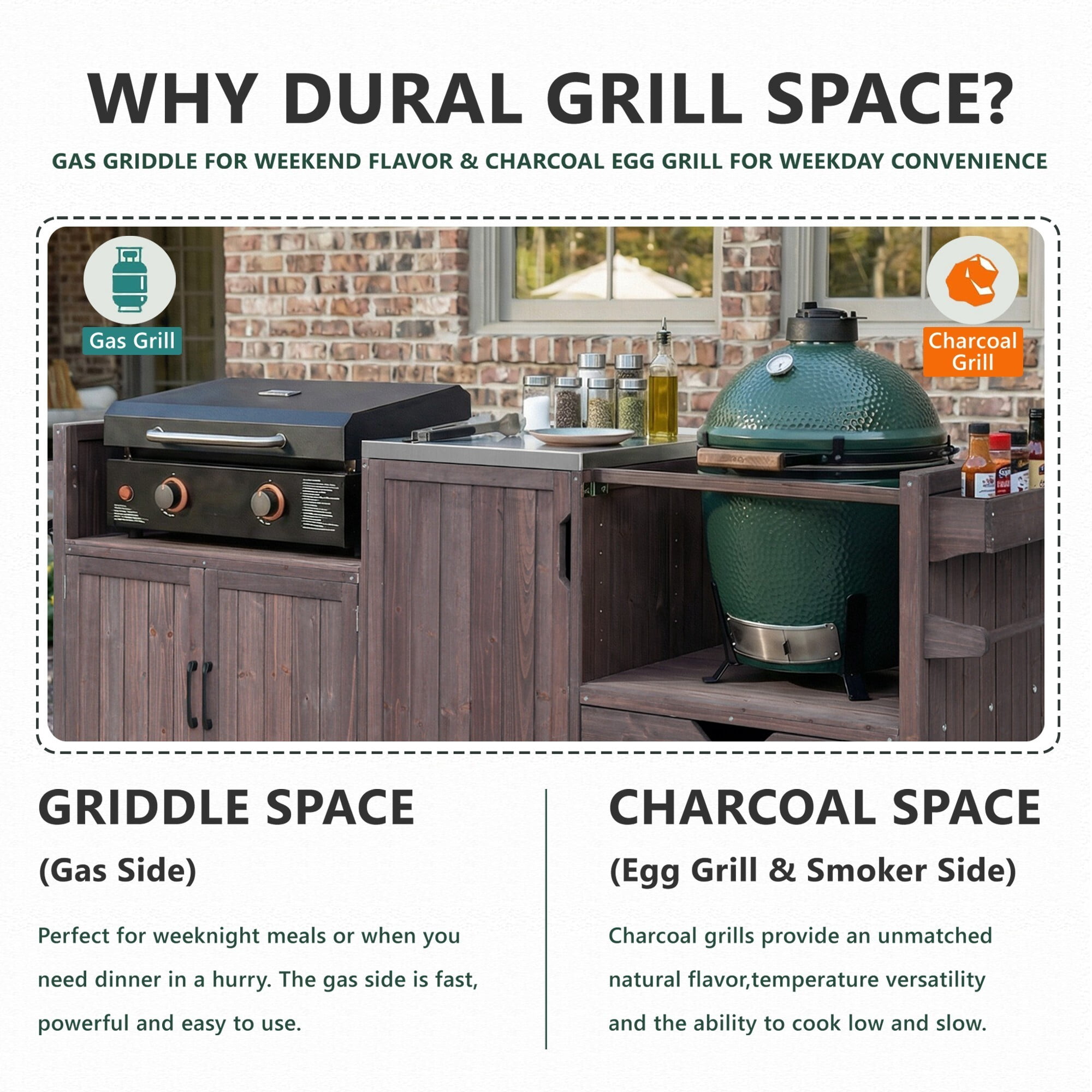 AENKYO 80.5" Outdoor Kitchen Island for Big Green Egg & Blackstone, Wood Grill Cart with Stainless Steel Top, Dark Brown