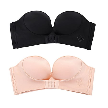 

2 pcs Women Backless Underwear Push Up Lingerie Strapless Bra Invisible Bras Seamless Brassiere BLACK&NUDE 34/75AB