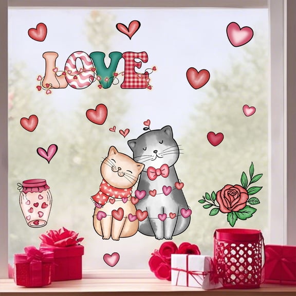 Valentine's Day Happy Cat Static Cling Window Stickers - Glass Decals, Perfect for Store Showcase Party Glass Window Holiday Decor Use