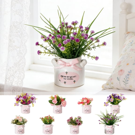 Low-Maintenance Artificial Flower Bonsai with Ceramic Vase, Potted Floral Decor for Home Office Desk Easter Decor, Stylish Shelf Decoration and Table Centerpiece Easter Display, 3.1*2.5in, E