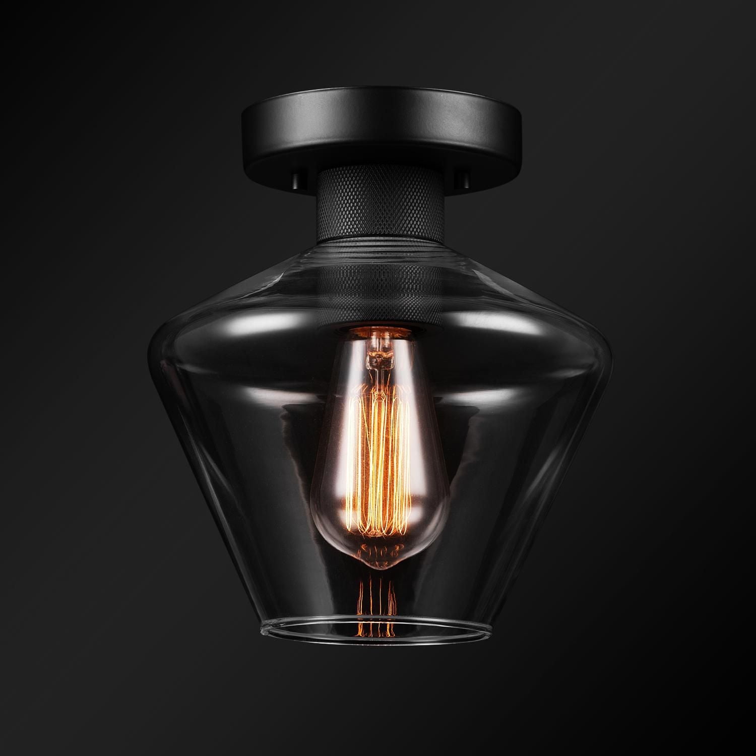 1-Light Matte Black Semi-Flush Mount Ceiling Light with Clear Glass Shade and Diamond Knurl Texture on Socket