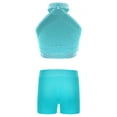 thumbnail image 2 of Yeahdor Kids Girls 2Pcs Gymnastics Dance Outfits Shiny Halter Crop Top with Booty Shorts Activewear Blue Green 10, 2 of 7