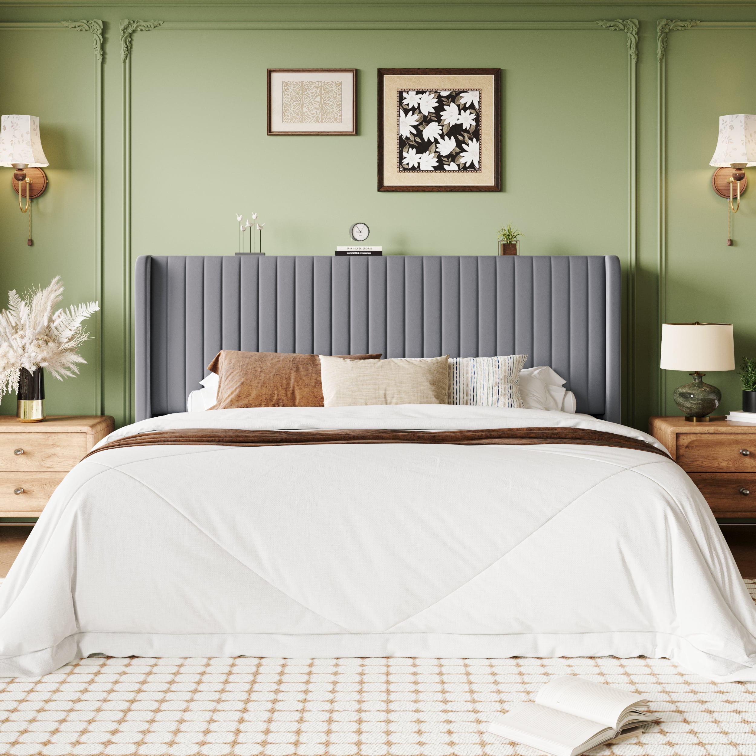 Einfach King Bed Frame, Upholstered Platform Bed with Wingback Headboard, No Box Spring Required, Gray