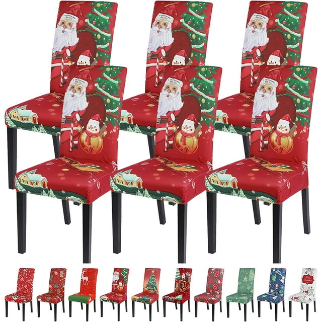 Funda elástica para silla de comedor navideña, 6 piezas, funda para silla estampada universal, funda para silla para decoración del hogar, hotel, restaurante, Papá Noel, rojo