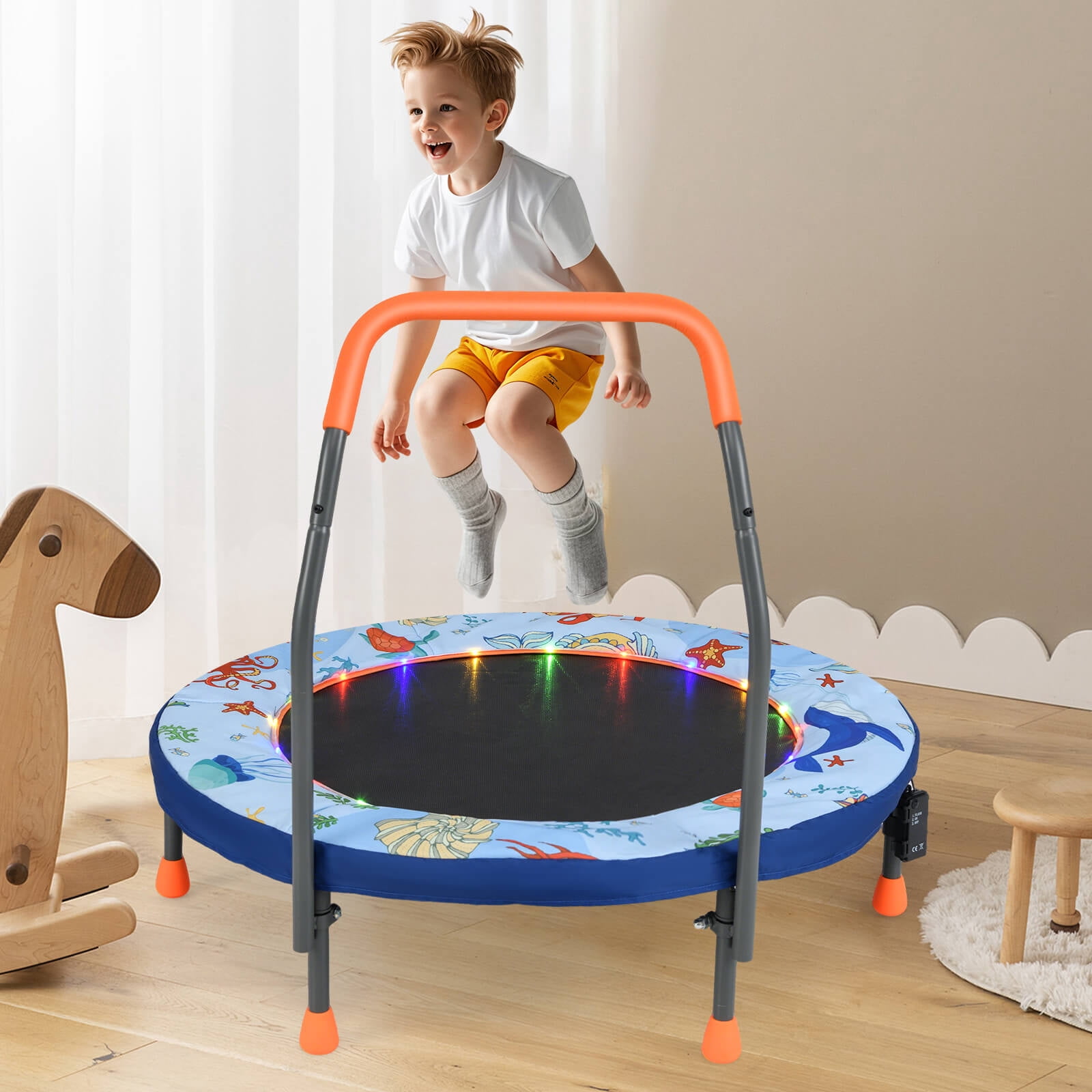Infans 36" Foldable Kid Trampoline w/ 20 LED Lights Foam Handlebar Padded Safety Cover