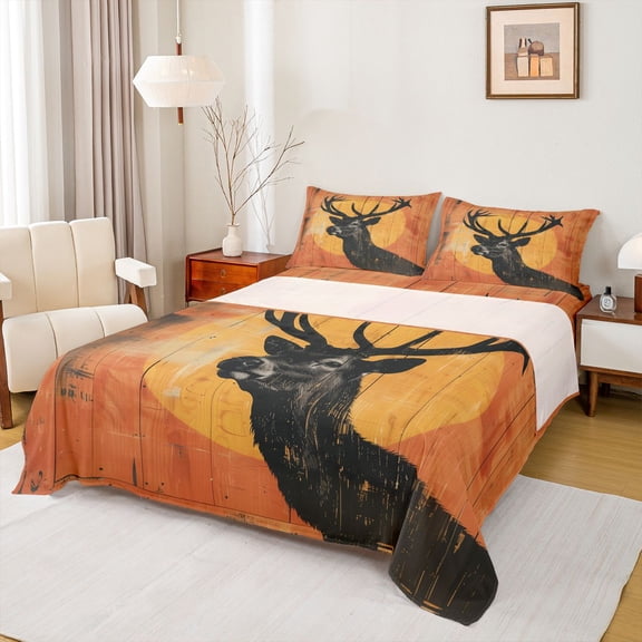 Homewish Wild Animal Deer Twin Sheet Sets,Jungle Wildlife Twin Fitted Sheet,Black Orange Flat Sheet For Teens,Luxury Bedroom Decor,3 Pieces