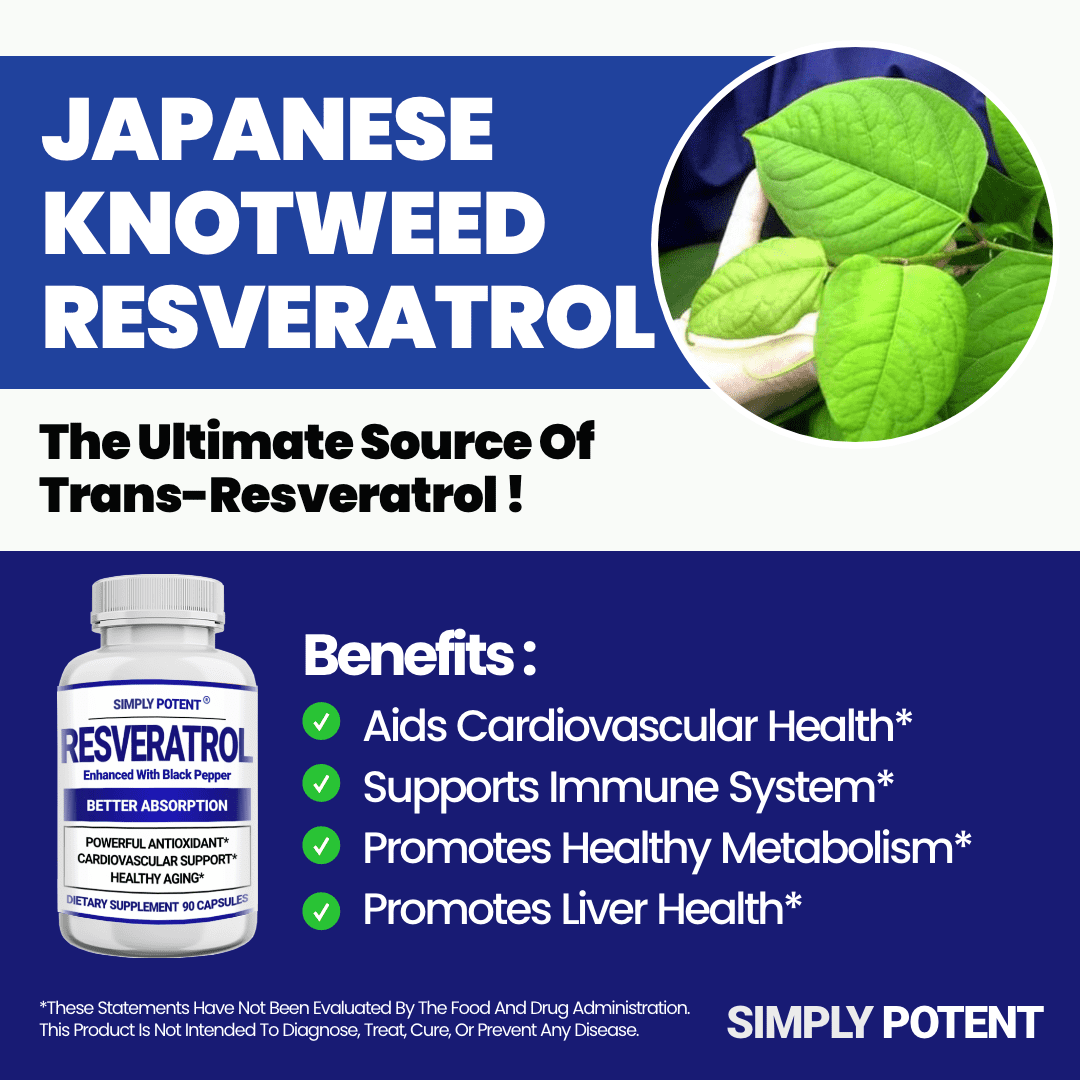 Simply Potent Resveratrol 1000mg  with Black Pepper Supplement for Anti-Aging, Skin & Heart Health, Immune System, Brain Function & Digestive Support, 90 Caps