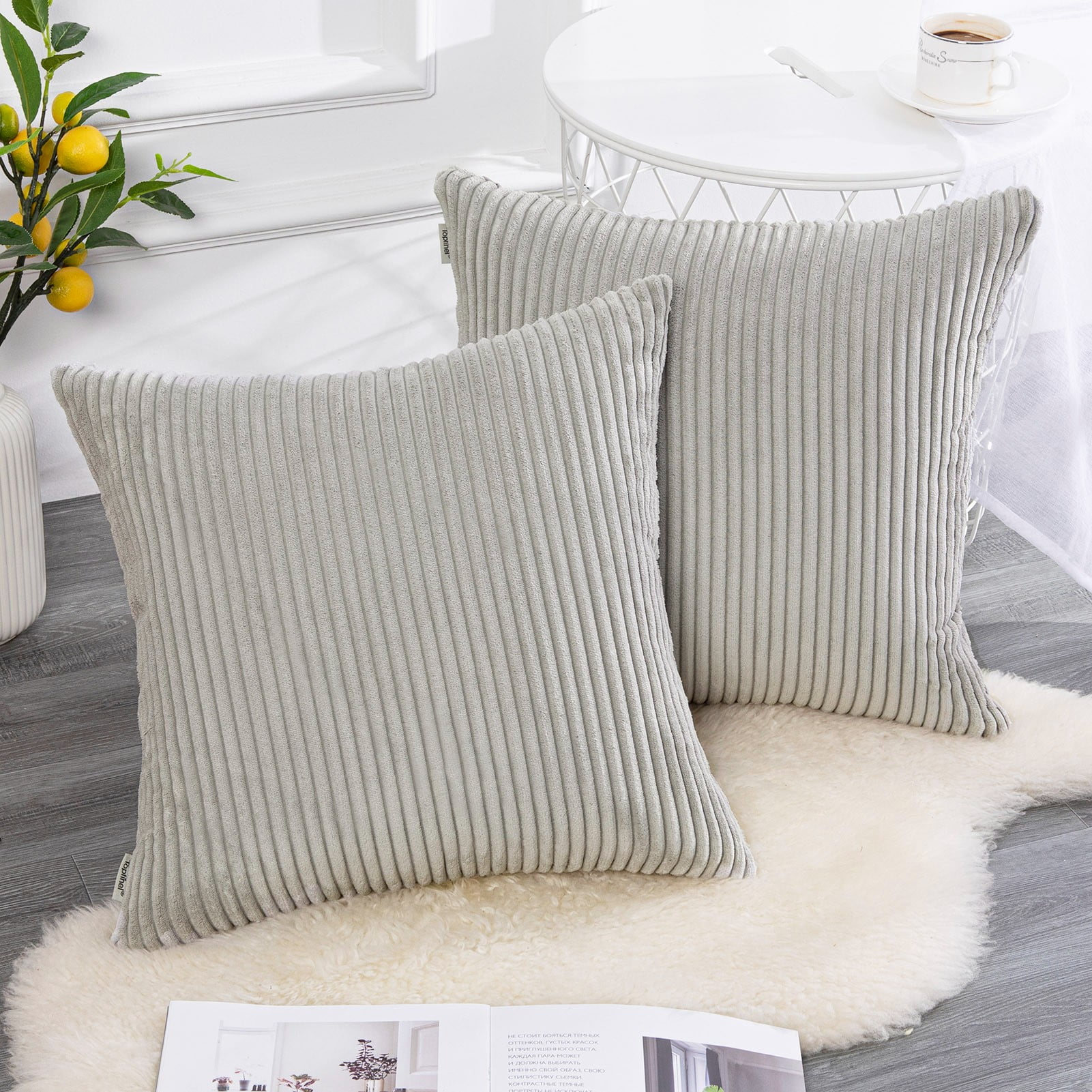 Topfinel Grey Couch Pillow Covers for Living Room 45x45 cm Set of 4,Mid  Century Modern White Neutral Corduroy Corn Throw Pillows,Rustic Square  Bench