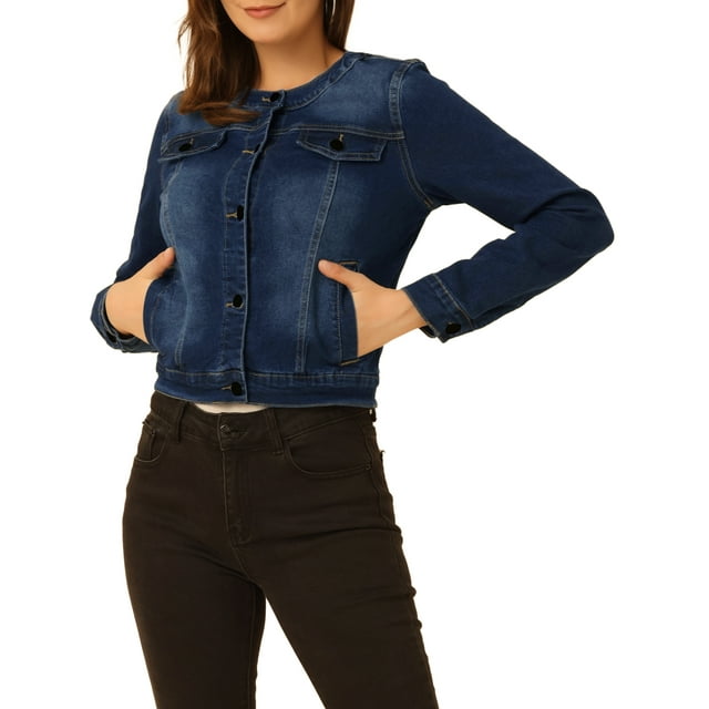 INSPIRE CHIC Veste en Denim Courte Sans Col à Manches Longues pour Femme, Boutonnée, TP Bleu Foncé