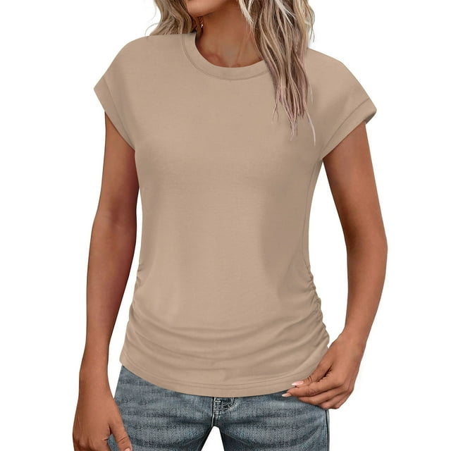 Womens Summer Tops Trendy 2025 Ruched Cap Short Sleeve Tshirts Basic Tees Crew Neck T Shirts