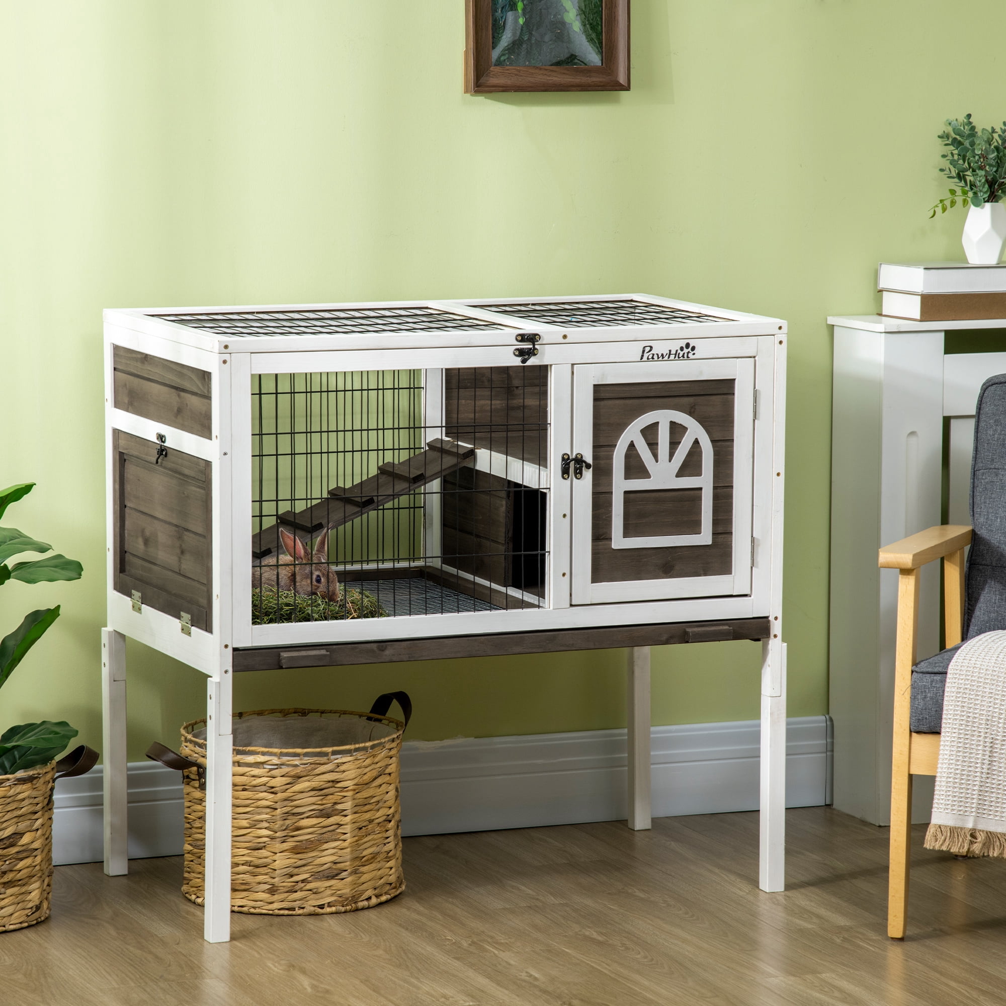 PawHut Elevated Rabbit Hutch, Indoor Wood Guinea Pig Cage with Run, Ladder, Lockable Doors, Coffee