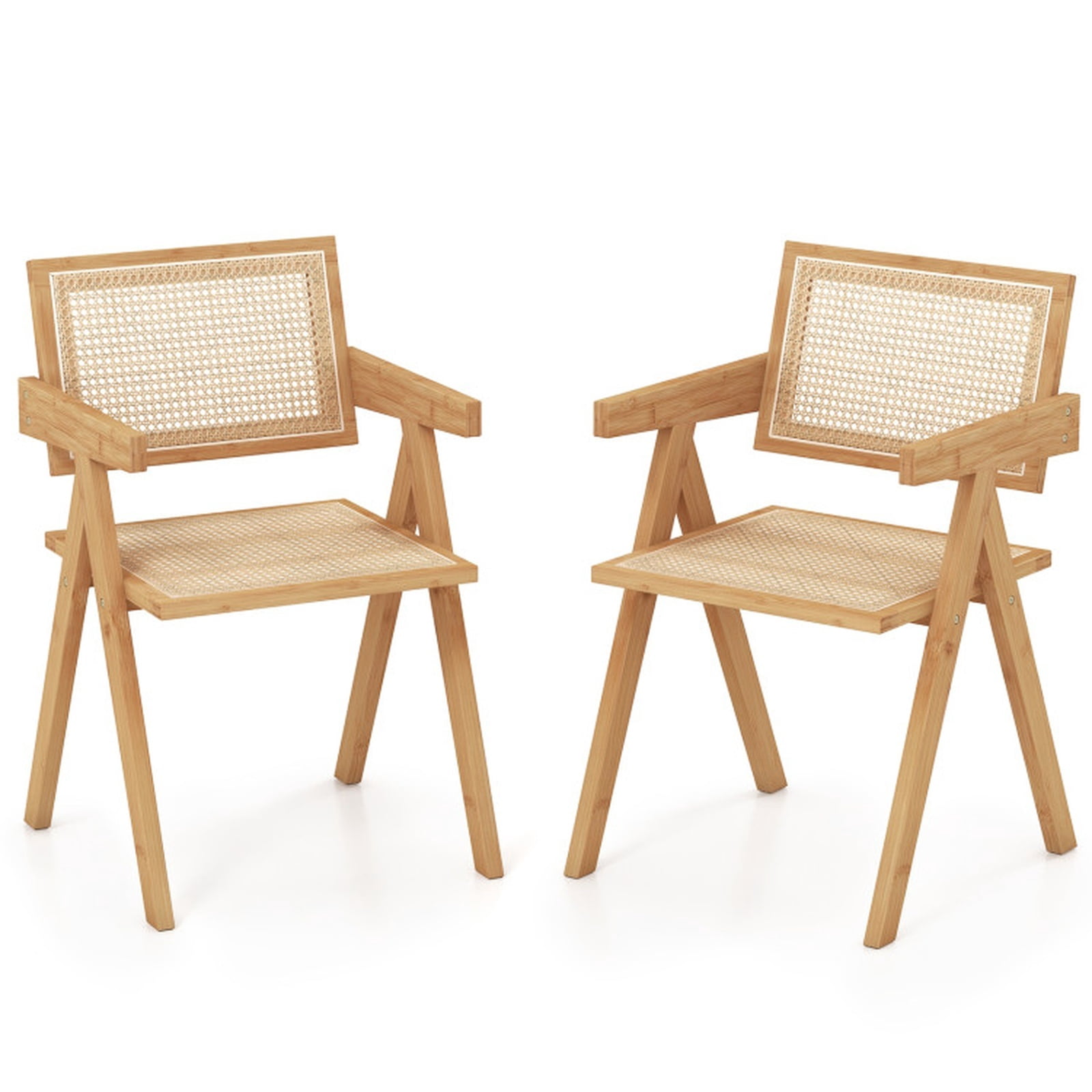 Furnibear Set of 2 Rattan Accent Chairs with Natural Bamboo Frame and Wide Seat for Living Room Dining Room and Kitchen, Natural