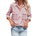 thumbnail image 2 of Camisas A Rayas con Botones para Mujer, Blusas Casuales de Larga con Cuello en V y Bolsillos Rosa Roja XL, 2 of 6