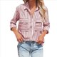 thumbnail image 2 of Camisas A Rayas con Botones para Mujer, Blusas Casuales de Larga con Cuello en V y Bolsillos Rosa Roja S, 2 of 6