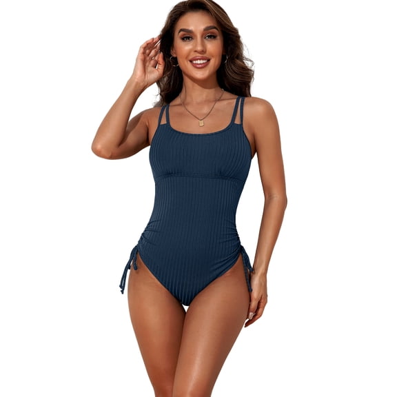 Alove Women Ribbed Tie Side One Piece Swimsuit 1 Piece Bathing Suit Spaghetti Strap High Cut Monokini Sexy Swimwear