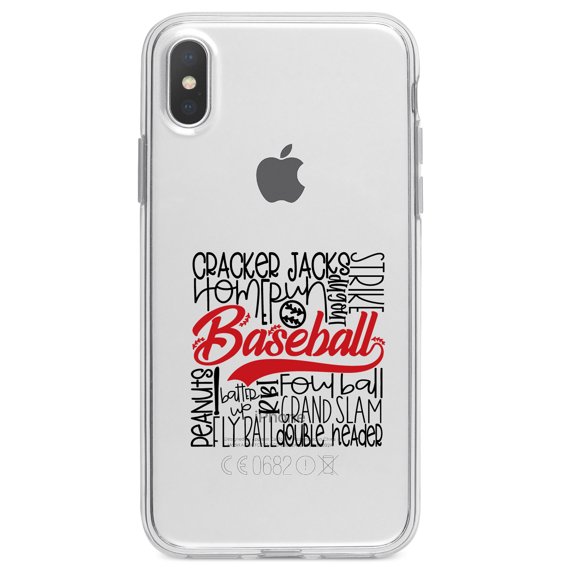 DistinctInk Clear Shockproof Hybrid Case for iPhone XR (6.1" Screen) - TPU Bumper Acrylic Back Tempered Glass Screen Protector - Baseball Word Art - Black & Red
