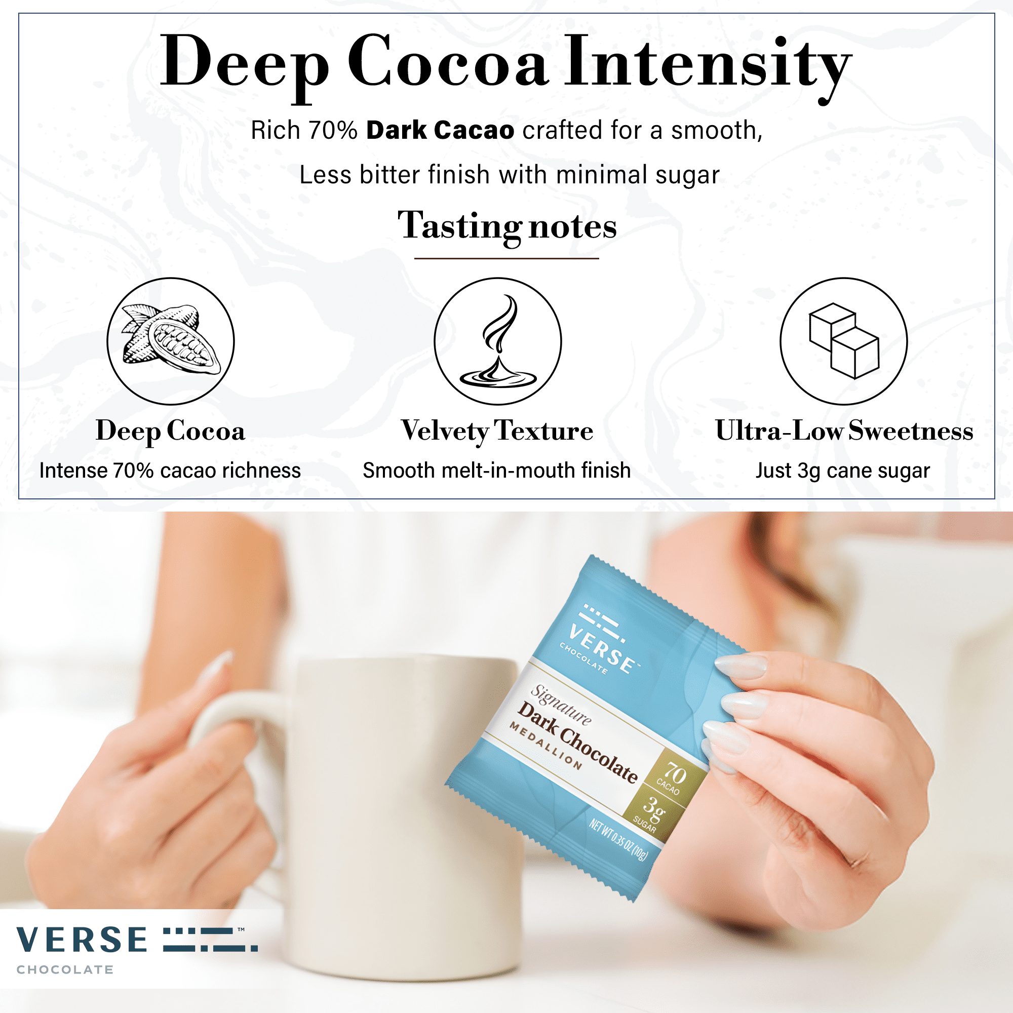 Verse Signature 70% Dark Chocolate Squares - Keto-Friendly, Low Sugar Snack - Creamy, Smooth Dark Cocoa - Only 3g Cane Sugar - Individually Wrapped Premium Cacao Chocolate Squares (9 Count, 4 Pack)