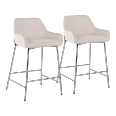 LumiSource Chrome Metal, Cream Fabric Daniella Fixed-Height Counter Stool - Set of 2