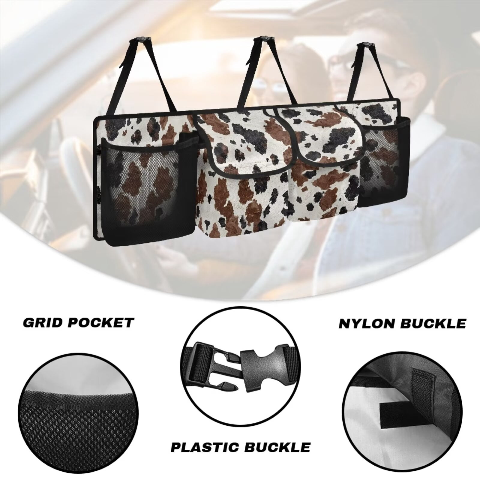 KUIFORTI Car Trunk Organizer with 4 Pockets, Oxford Cloth Cow Print Vehicle Hanging Backseat Cargo Storage Bag, Detachable Auto Seat Back Organizing Bag, Universal for SUV, Truck, RV, Brown