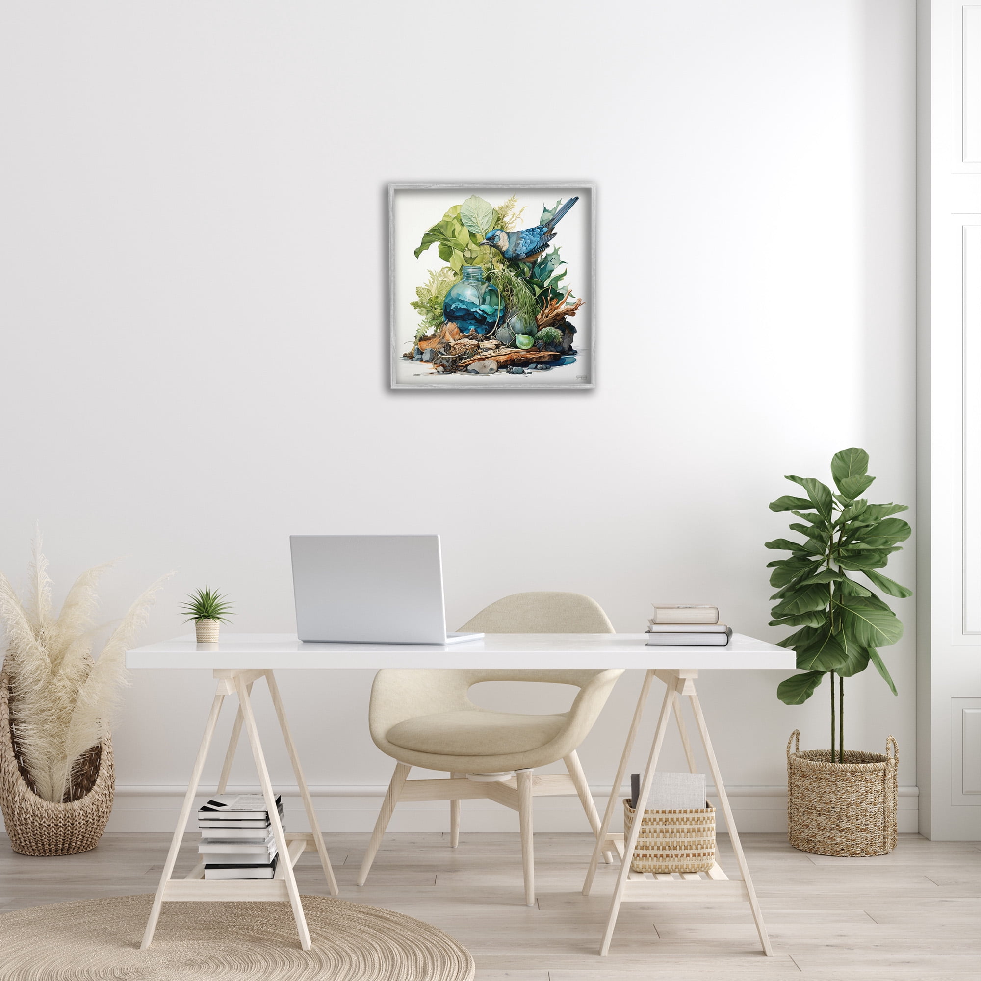 Stupell Industries Bluebird & Woodland Plants Animals & Insects Painting Gray Framed Art Print Wall Art, 24 x 24