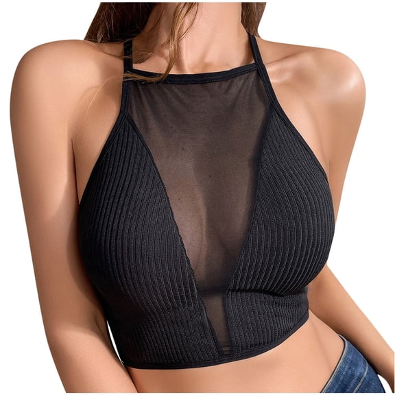 XMMSWDLA Women's Sleeveless Mock Neck Slim Fit Ruched See Through Mesh Tank Top Black Tank Tops Teen Girls