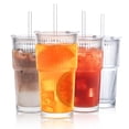 thumbnail image 1 of Juego de vasos de vidrio INSETLAN acanalados de 600 ml con tapas y pajitas, 4 unidades, 1 of 9