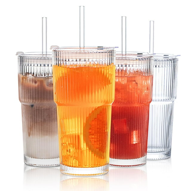 Juego de vasos de vidrio INSETLAN acanalados de 600 ml con tapas y pajitas, 4 unidades