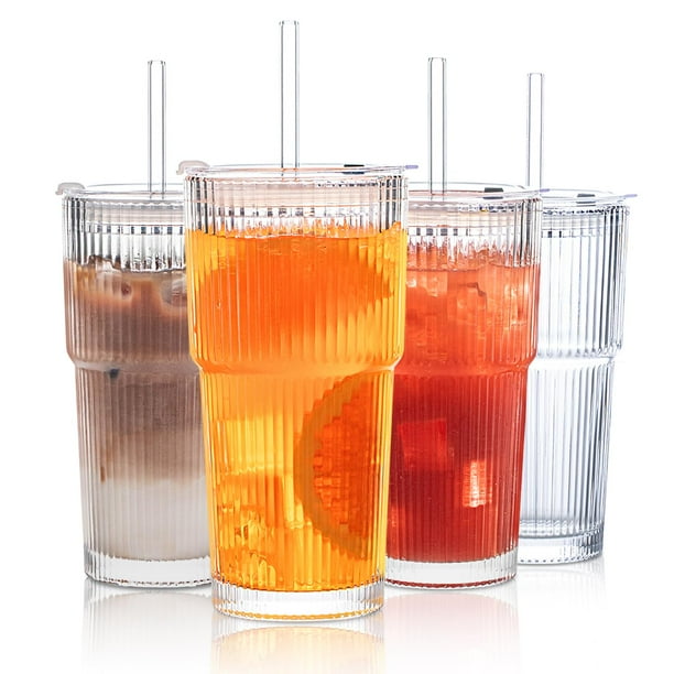 Juego de vasos de vidrio INSETLAN acanalados de 600 ml con tapas y pajitas, 4 unidades