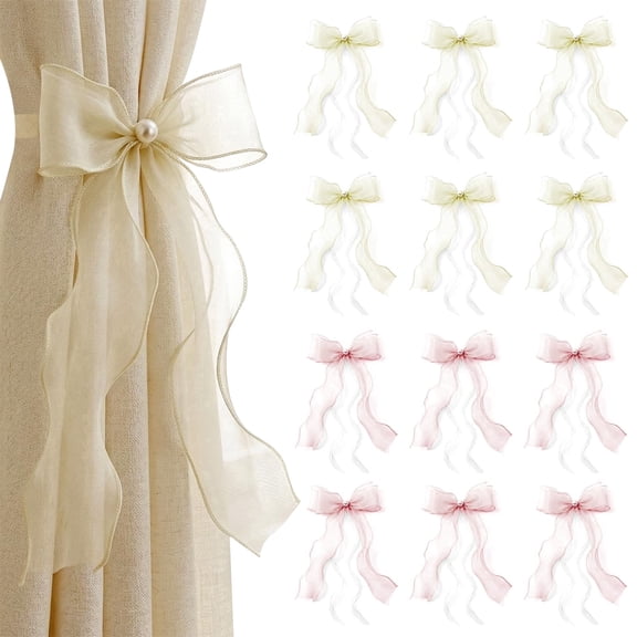 Style-Carry 12 Pack Creamy Ivory Pink Lace Bow Curtain Tiebacks, Elegant Ribbon Curtain Holdbacks for Bedroom Dining Room Office Home Decor