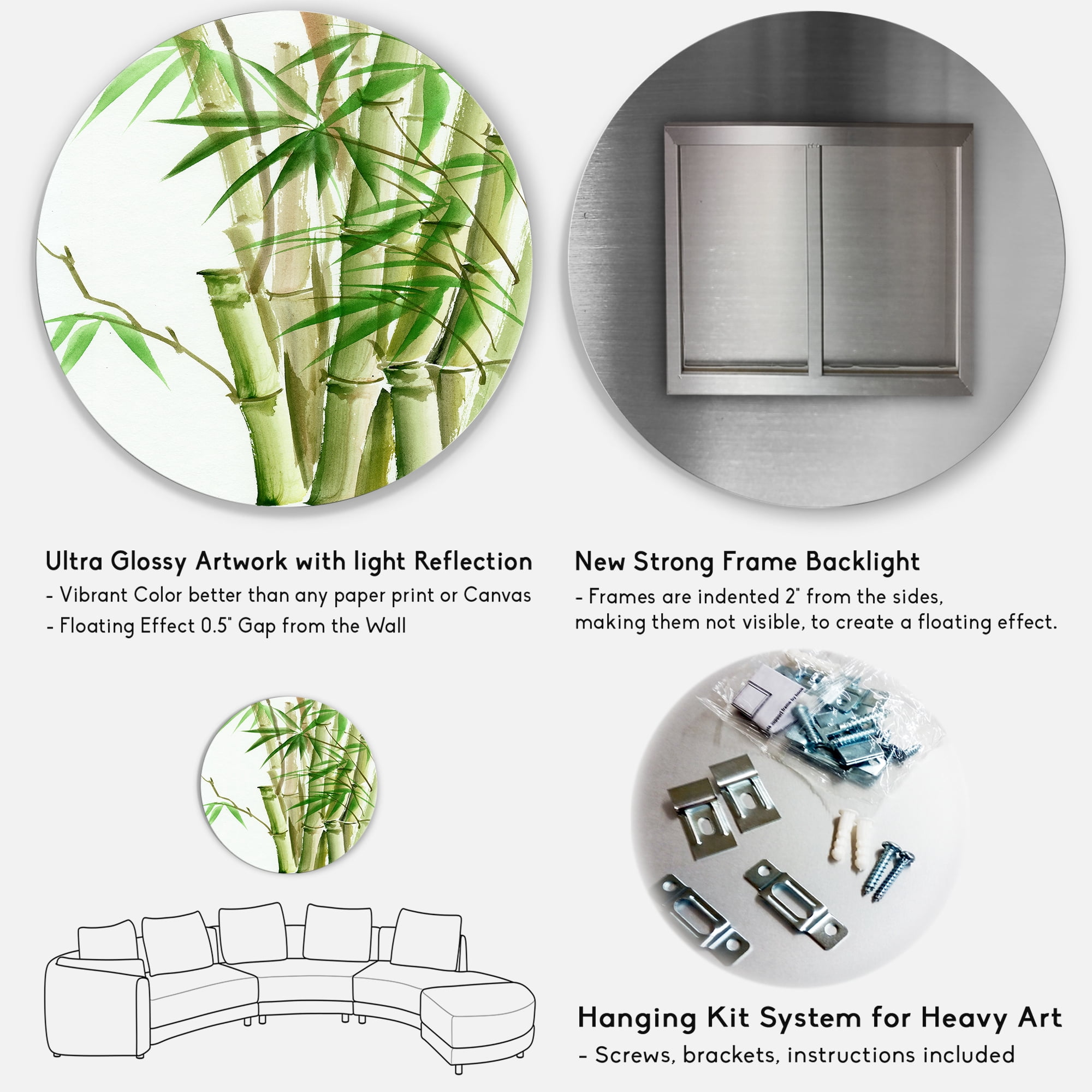 Designart 'Detail of Dark Green Bamboo and Leaves II' Traditional Circle Metal Wall Art 11x11 - Disc of 11