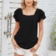 thumbnail image 5 of Mujeres Mangas Cortas Alborotadas Top Doble Capas Sueltas Verano Color Puro Camiseta Casual Negro L, 5 of 7