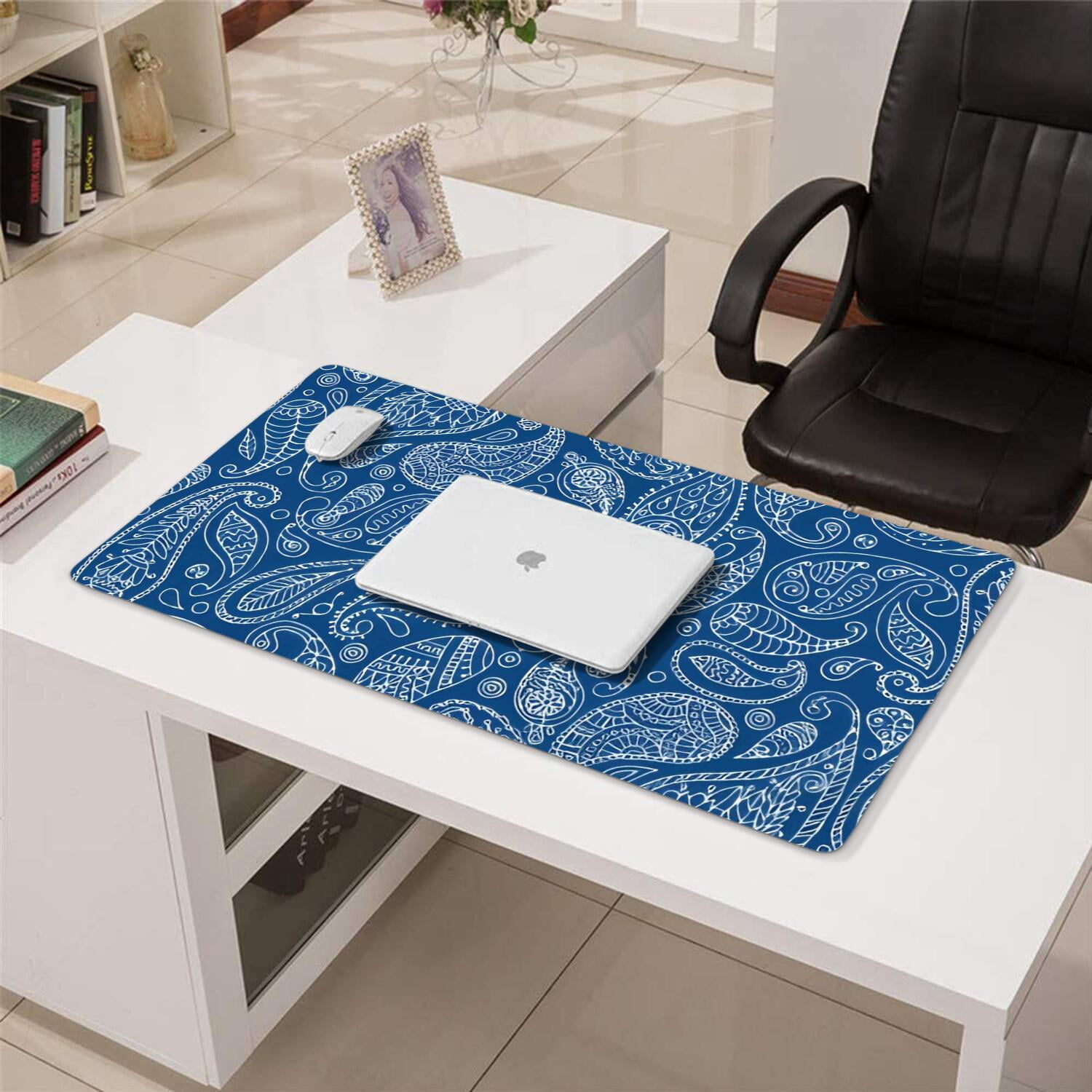 Long Mouse Pads for Desk,Blue Pioneer Flower and Paisley Pattern Desk Mats on Top Of Desks, Desk Mouse Pad Extra Large with 3mm Non-Slip Base and Stitched Edge for Gaming,Office,Work,Home 31.5"x15.7"