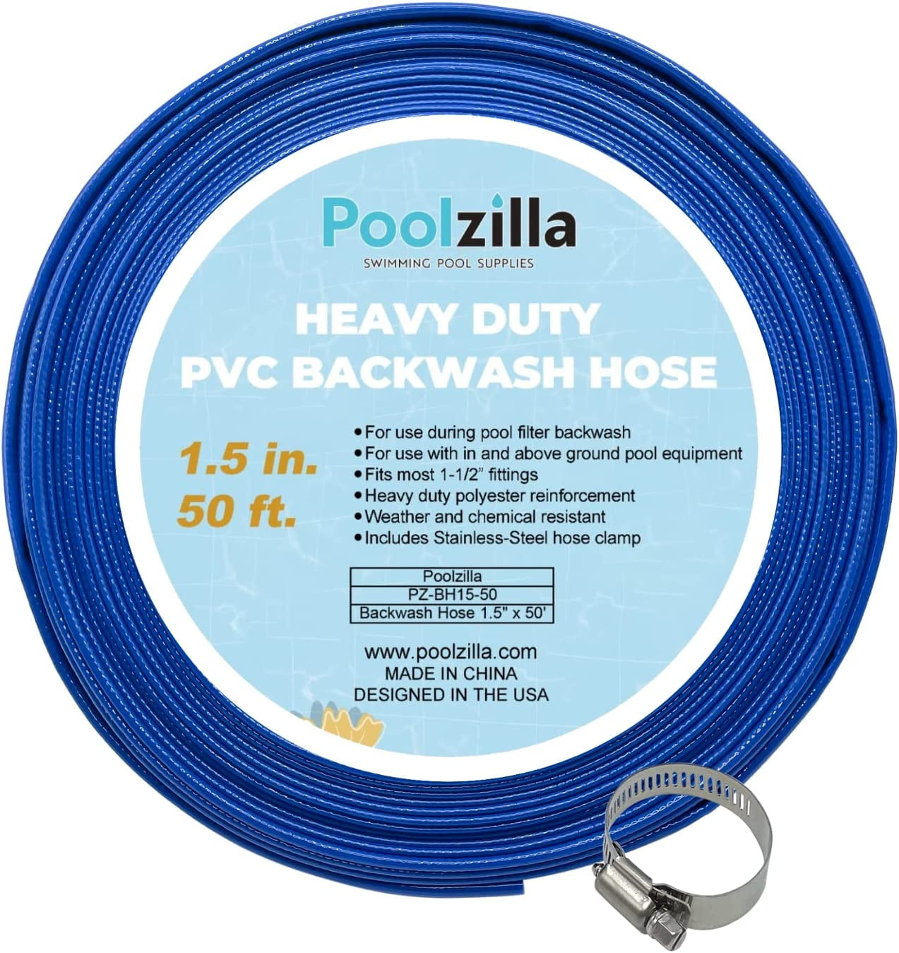 Poolzilla 1.5" x 50' Heavy Duty Blue Swimming Pool Backwash Hose