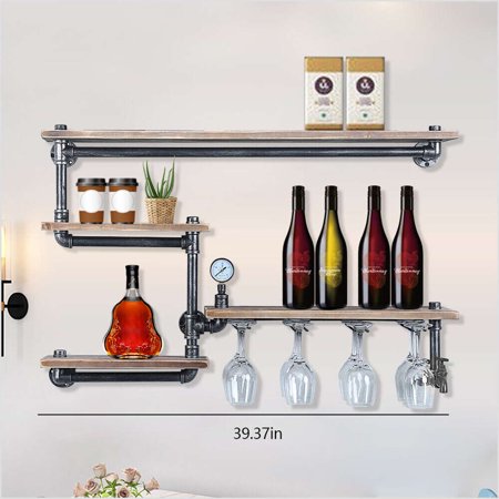 4 Stem Kitchen Wine Glasses Wall Shelf Bar Industrial Iron Pipe Wine Rack Holder