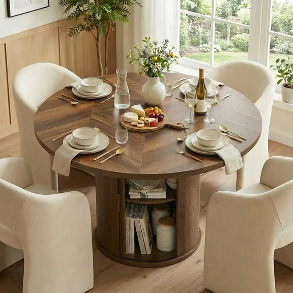 Aiho 47" Round Kitchen Dining Table for 4 - With 2-Layer Storage Rack & Smooth Sliding Wood Doors - Natural wood color