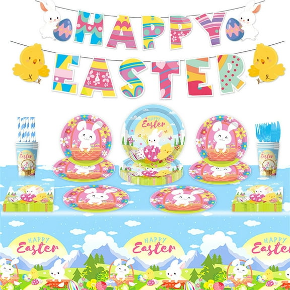 Darzheoy Easter Party Supplies, Bunny Colorful Eggs Tableware Set, Easter Party Plates and Cups, Napkins and Cutlery for Easter Decorations and Easter Themed Parties