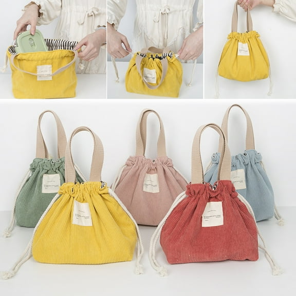 Walbest Drawstring Design Lunch Tote Pouch Thermal Insulated Bag Tear Resistant Corduroy Picnic Hiking Lunch Bag, 7.48" x 5.51" x 7.87"